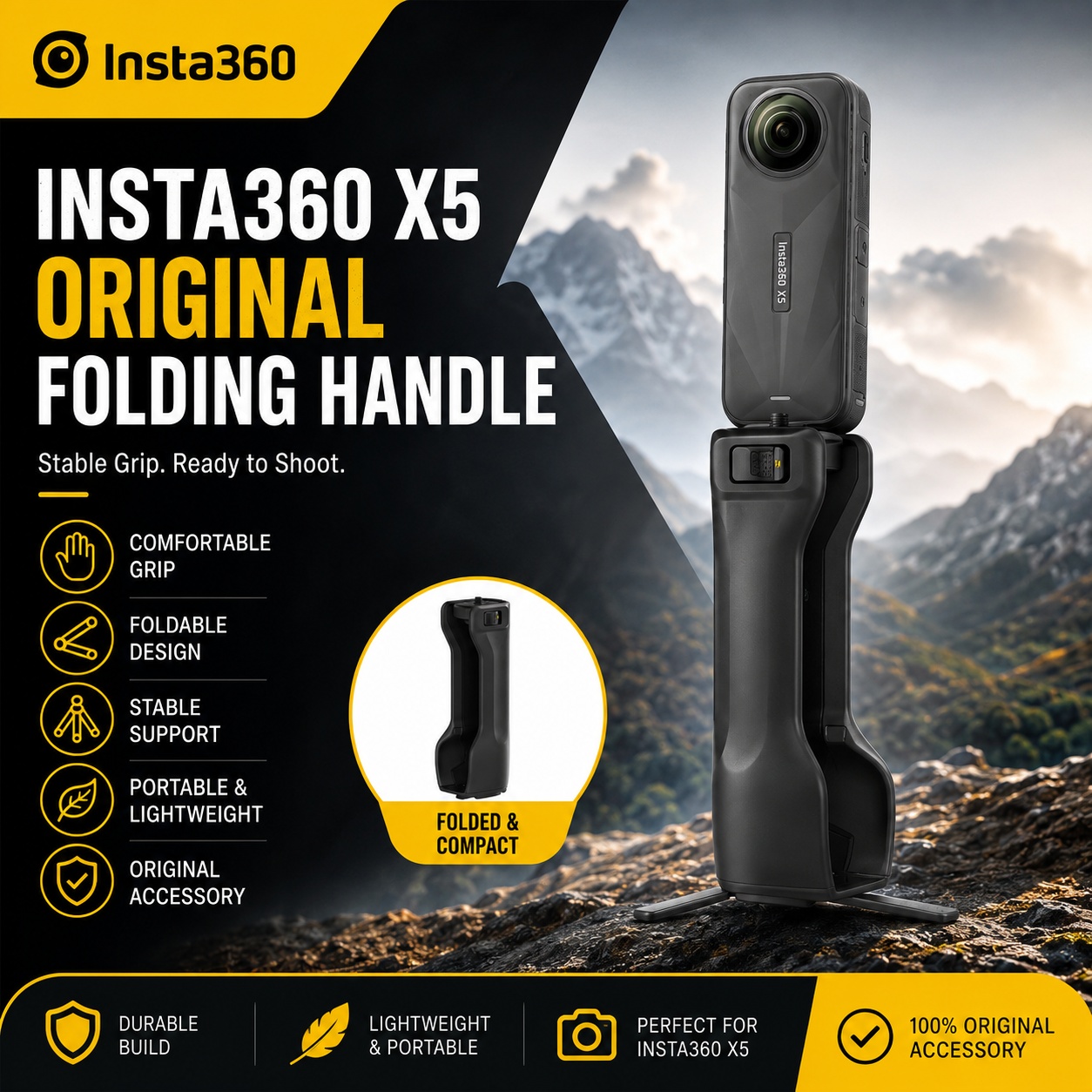 Photography Grip Insta360 X5 - Empuñadura Plegable para Insta360 X5, Ligera,